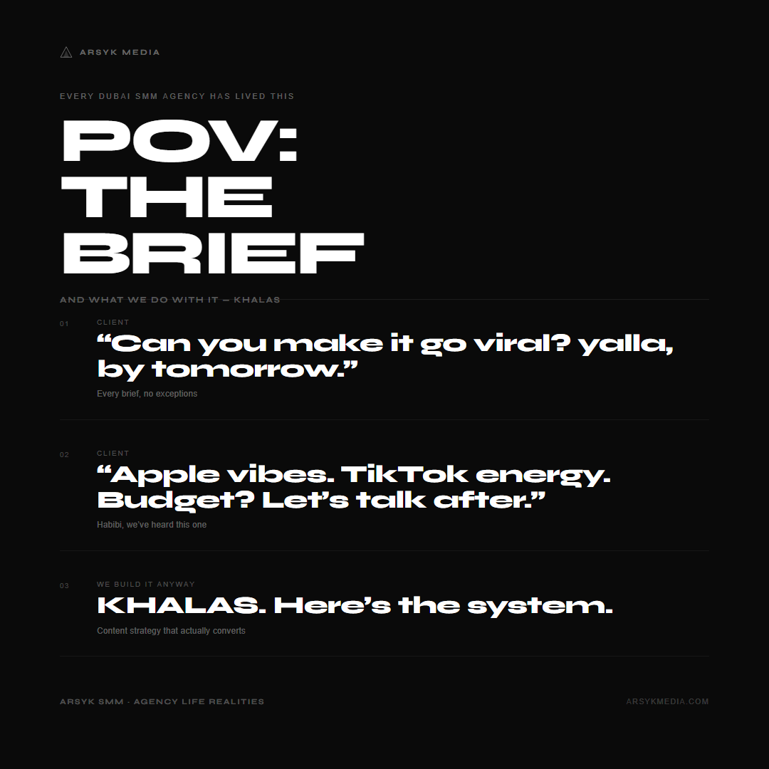 POV: The Brief — three escalating client requests culminating in the agency punchline 'KHALAS. Here's the system.'